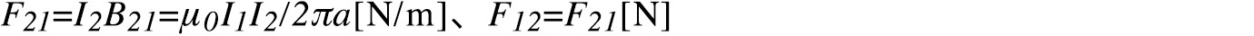 F21=I2B21=μ0I1I2/2πa[N/m]、F12=F21[N]