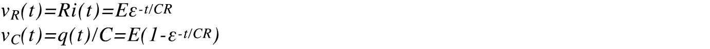 vR(t)=Ri(t)=Eε-t/CR vC(t)=q(t)/C=E(1-ε-t/CR)